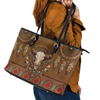 Bison Native American Leather Tote Bag Tribal Feather Dreamcatcher Boho Style