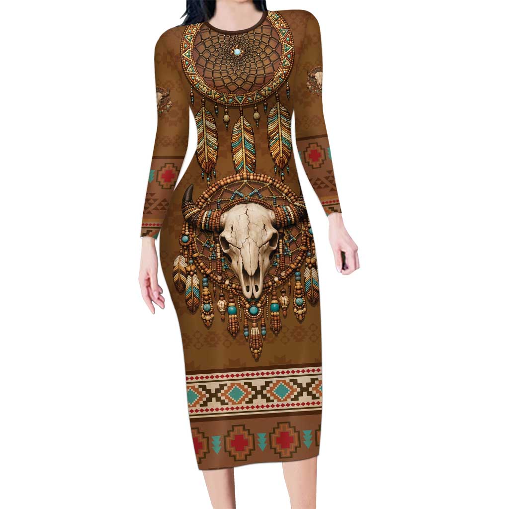 Bison Native American Long Sleeve Bodycon Dress Tribal Feather Dreamcatcher Boho Style