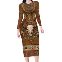 Bison Native American Long Sleeve Bodycon Dress Tribal Feather Dreamcatcher Boho Style