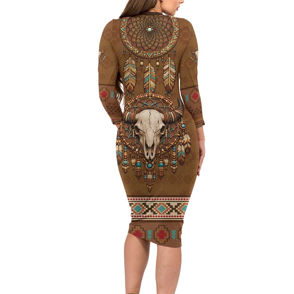 Bison Native American Long Sleeve Bodycon Dress Tribal Feather Dreamcatcher Boho Style