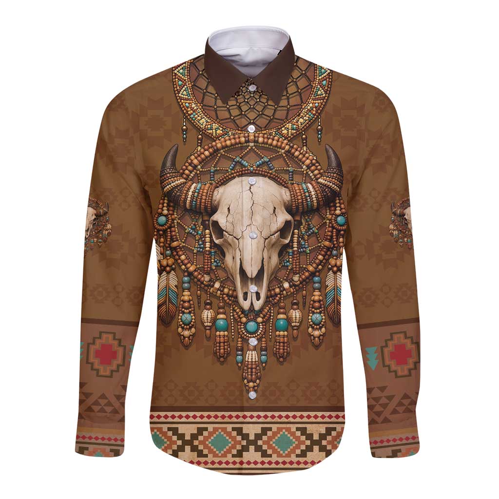 Bison Native American Long Sleeve Button Shirt Tribal Feather Dreamcatcher Boho Style