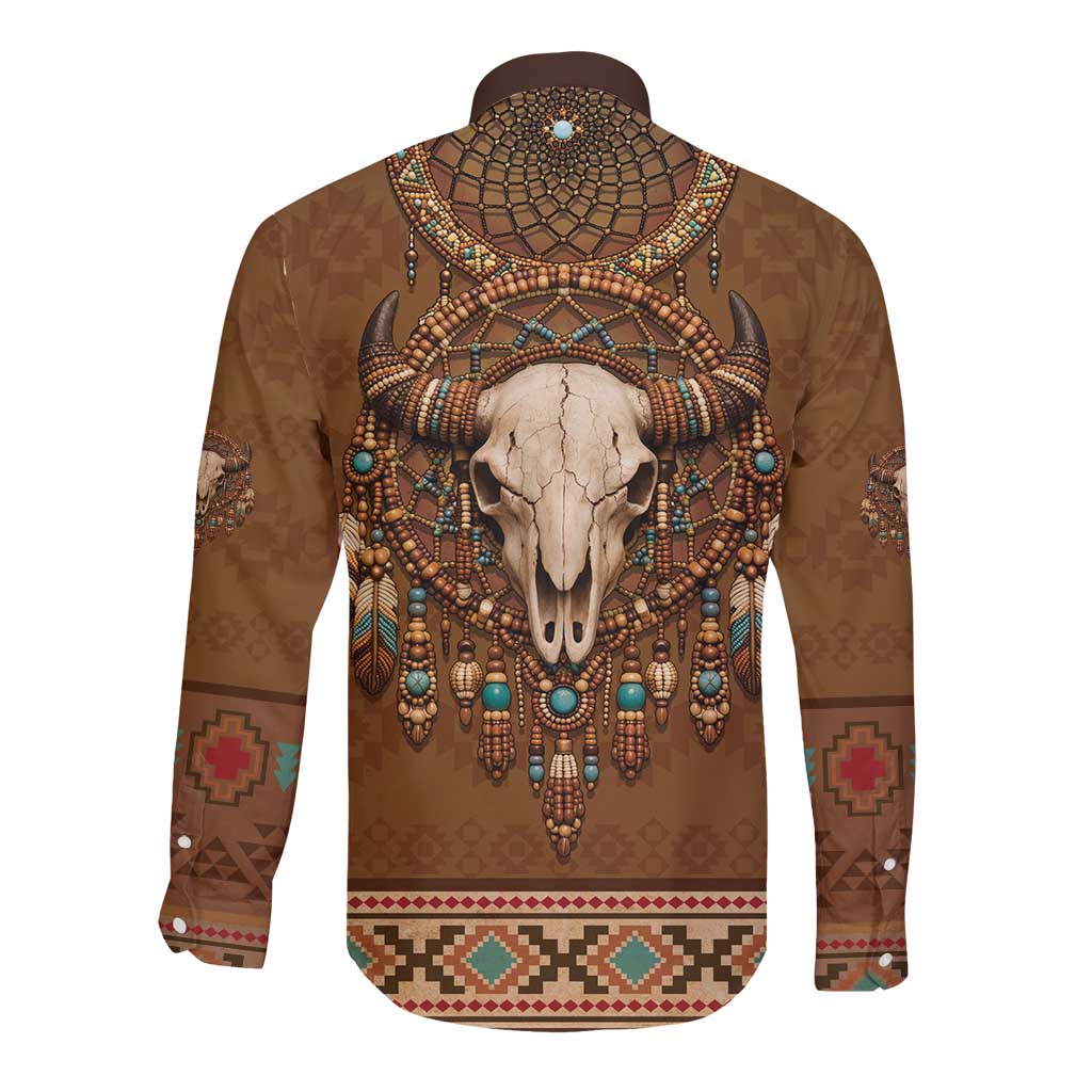 Bison Native American Long Sleeve Button Shirt Tribal Feather Dreamcatcher Boho Style