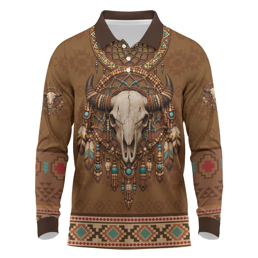 Bison Native American Long Sleeve Polo Shirt Tribal Feather Dreamcatcher Boho Style