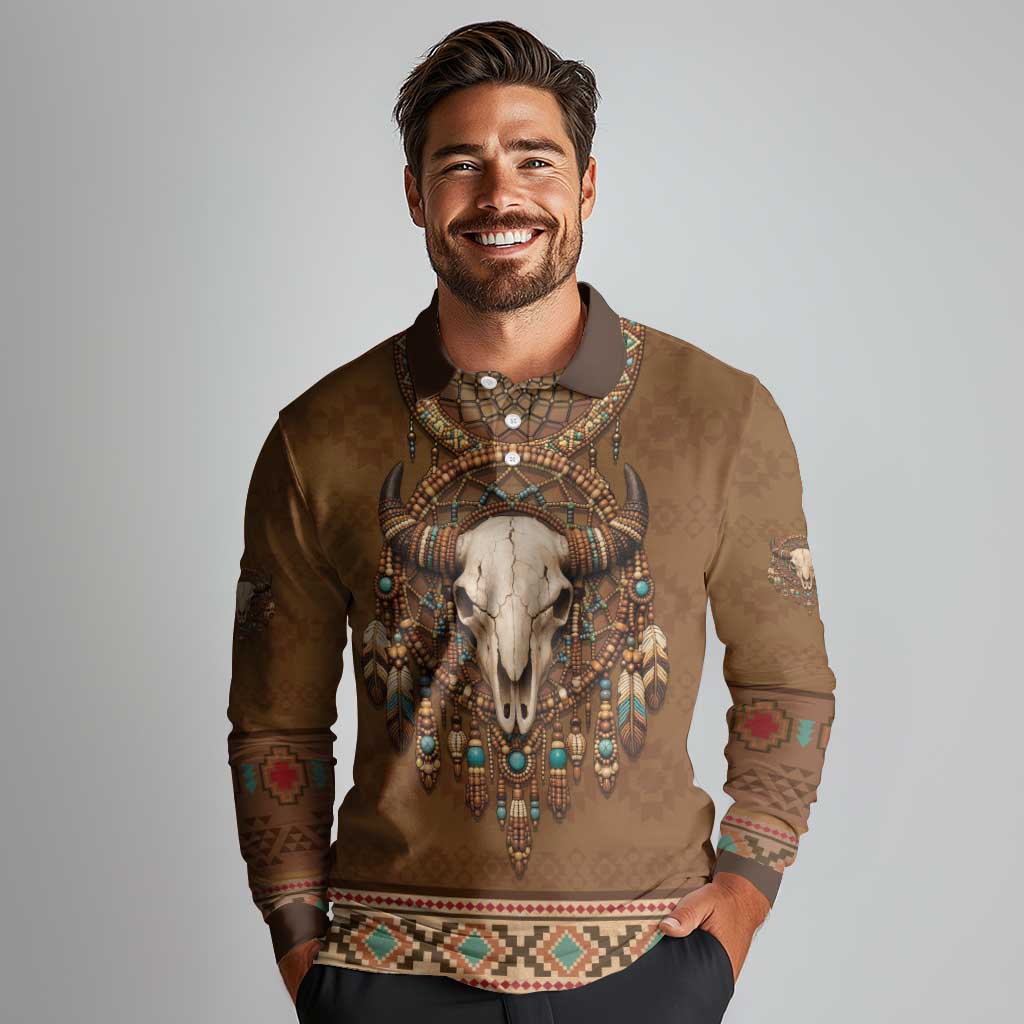Bison Native American Long Sleeve Polo Shirt Tribal Feather Dreamcatcher Boho Style