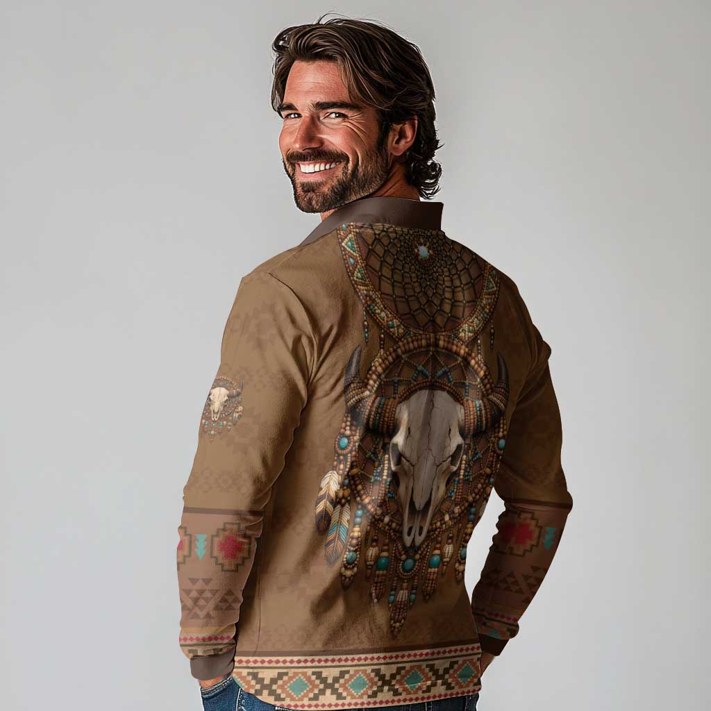Bison Native American Long Sleeve Polo Shirt Tribal Feather Dreamcatcher Boho Style