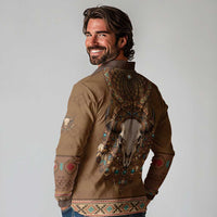 Bison Native American Long Sleeve Polo Shirt Tribal Feather Dreamcatcher Boho Style