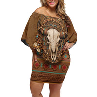 Bison Native American Off Shoulder Short Dress Tribal Feather Dreamcatcher Boho Style