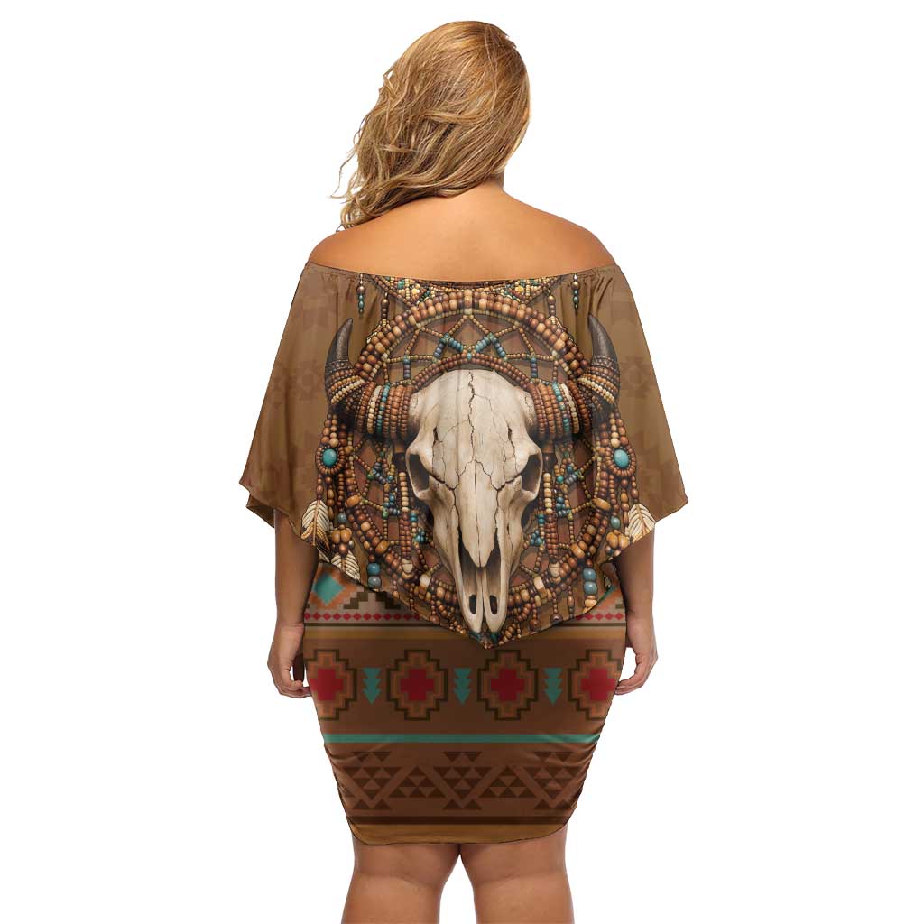 Bison Native American Off Shoulder Short Dress Tribal Feather Dreamcatcher Boho Style