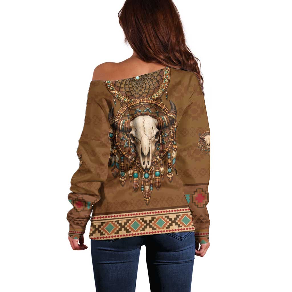 Bison Native American Off Shoulder Sweater Tribal Feather Dreamcatcher Boho Style