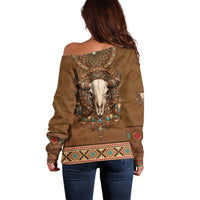 Bison Native American Off Shoulder Sweater Tribal Feather Dreamcatcher Boho Style