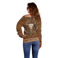 Bison Native American Off Shoulder Sweater Tribal Feather Dreamcatcher Boho Style