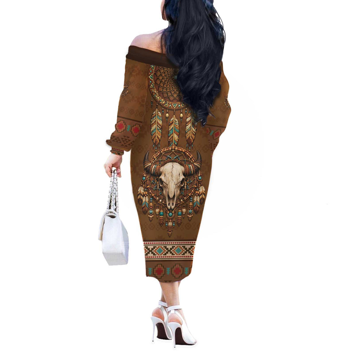 Bison Native American Off The Shoulder Long Sleeve Dress Tribal Feather Dreamcatcher Boho Style