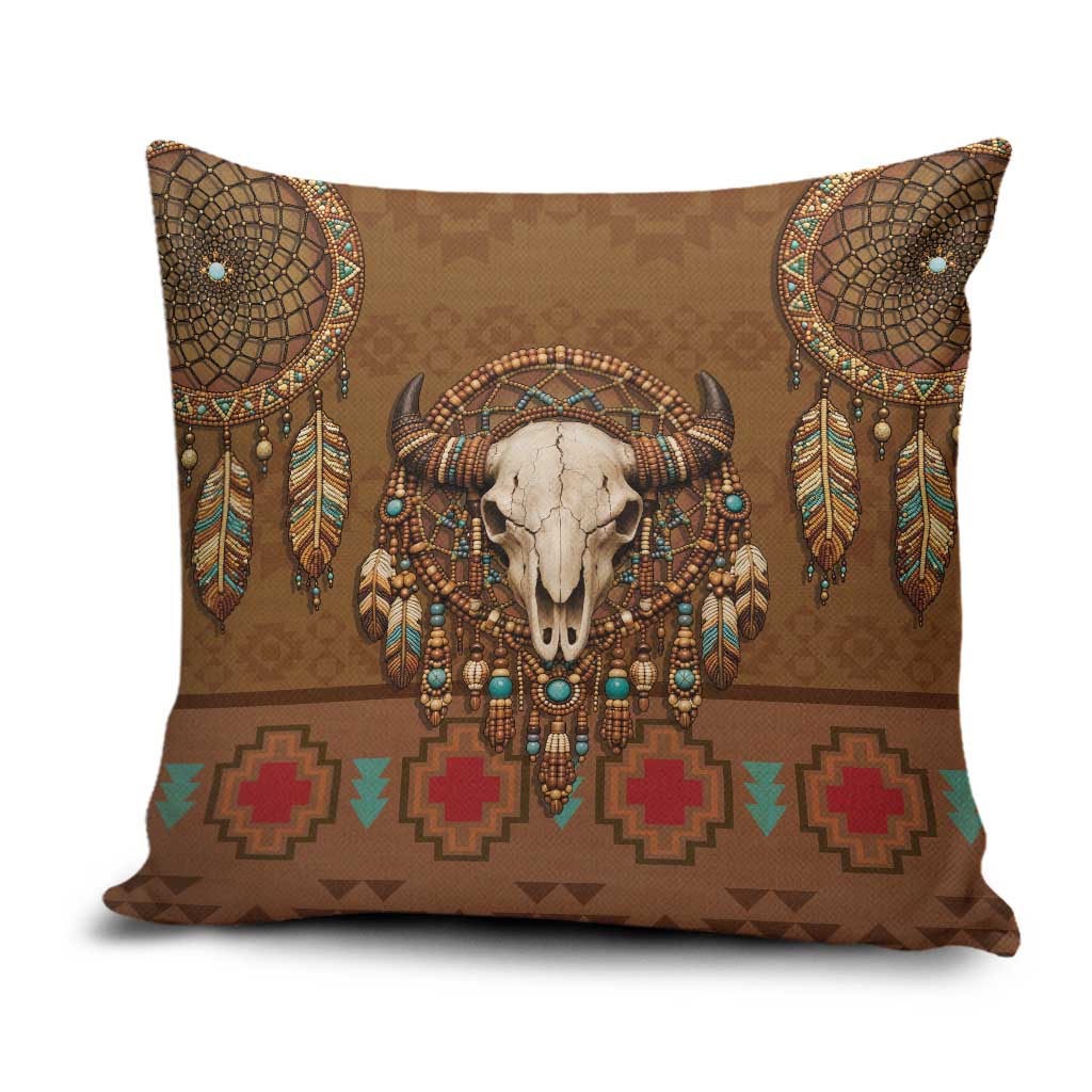 Bison Native American Pillow Cover Tribal Feather Dreamcatcher Boho Style