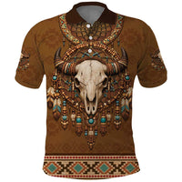 Bison Native American Polo Shirt Tribal Feather Dreamcatcher Boho Style
