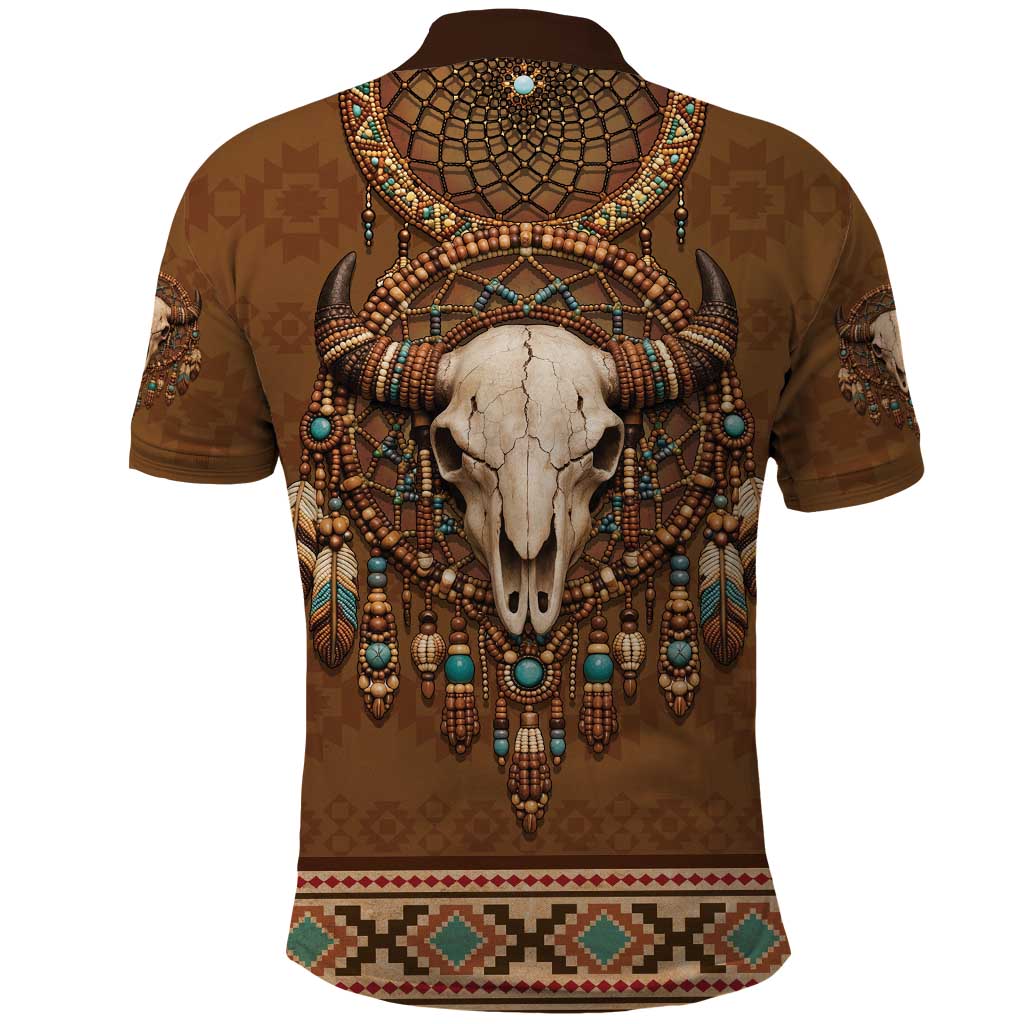 Bison Native American Polo Shirt Tribal Feather Dreamcatcher Boho Style