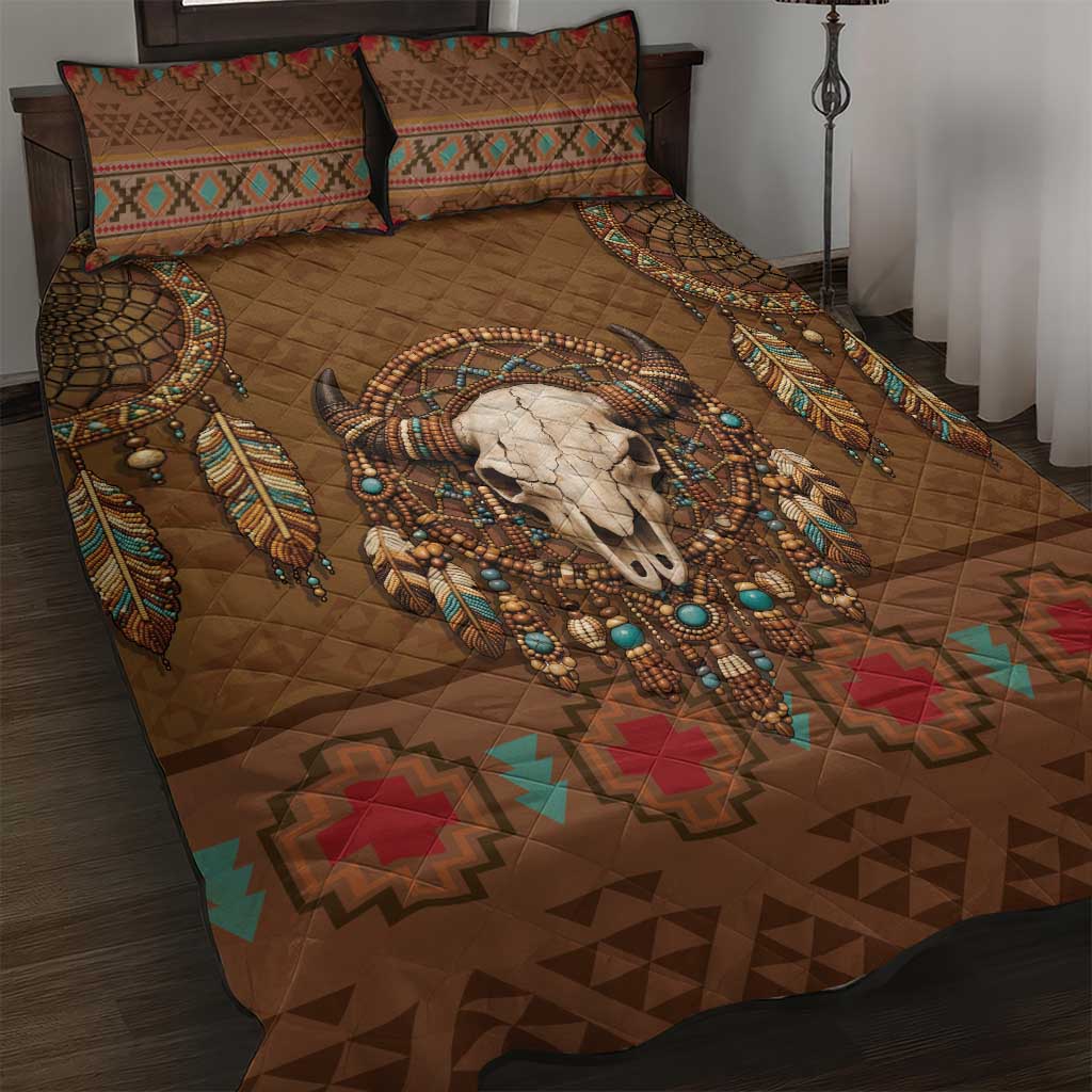 Bison Native American Quilt Bed Set Tribal Feather Dreamcatcher Boho Style