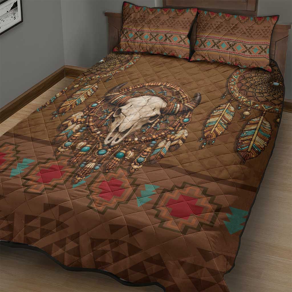 Bison Native American Quilt Bed Set Tribal Feather Dreamcatcher Boho Style