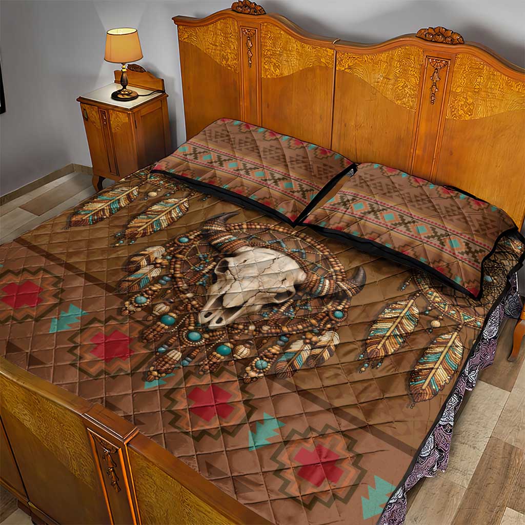 Bison Native American Quilt Bed Set Tribal Feather Dreamcatcher Boho Style