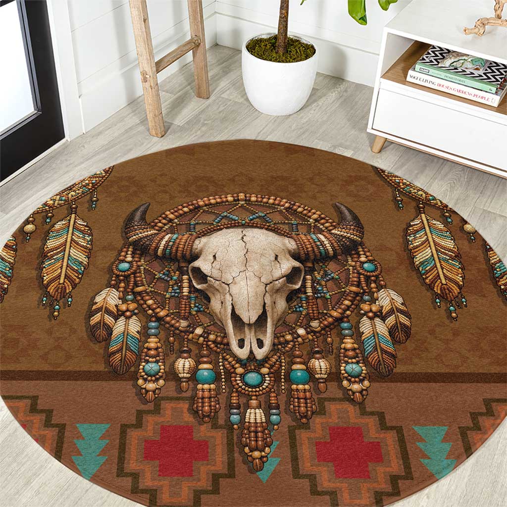 Bison Native American Round Carpet Tribal Feather Dreamcatcher Boho Style