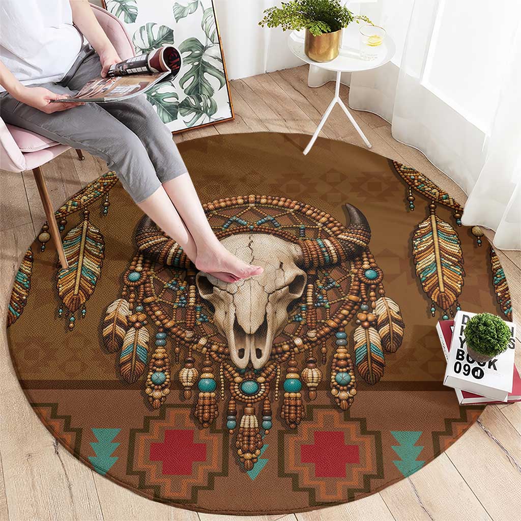 Bison Native American Round Carpet Tribal Feather Dreamcatcher Boho Style