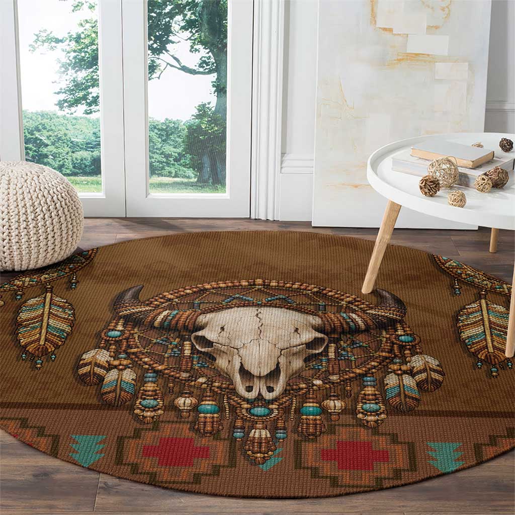 Bison Native American Round Carpet Tribal Feather Dreamcatcher Boho Style