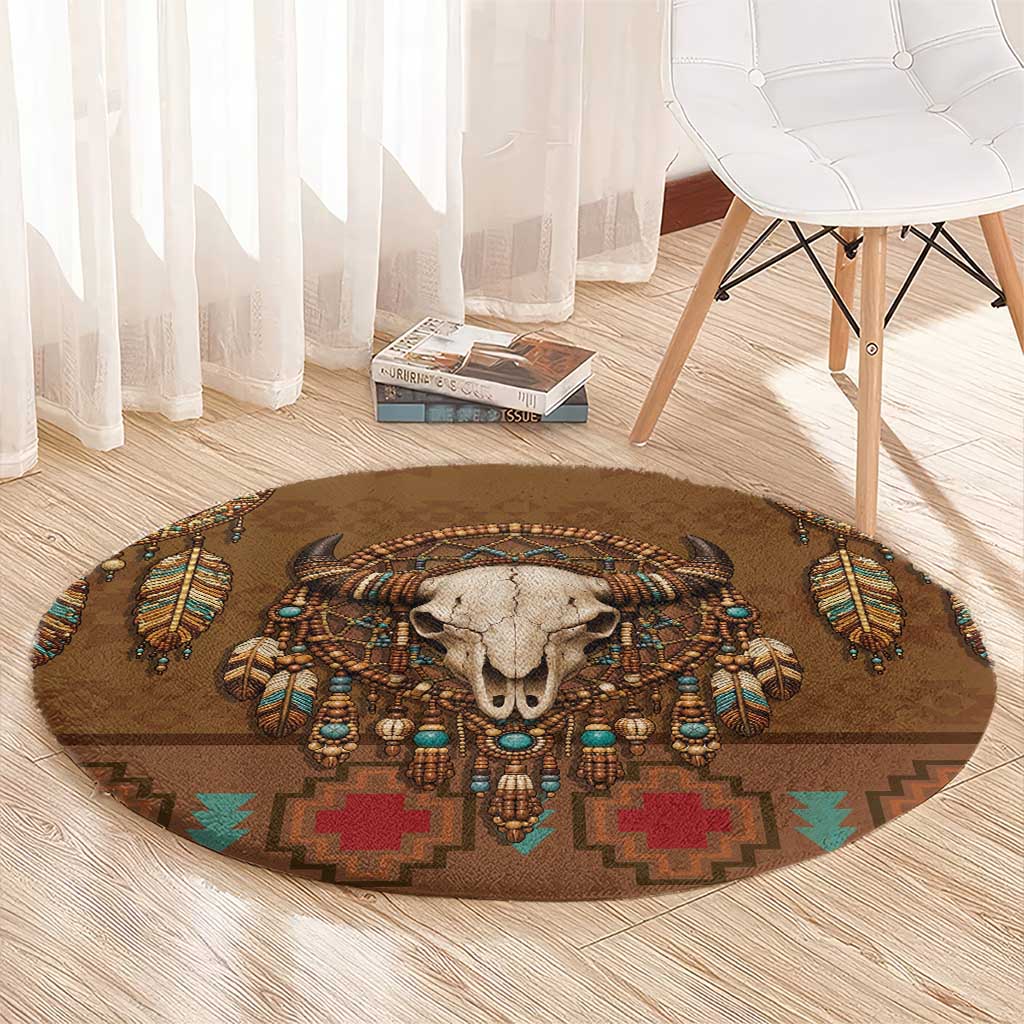 Bison Native American Round Carpet Tribal Feather Dreamcatcher Boho Style
