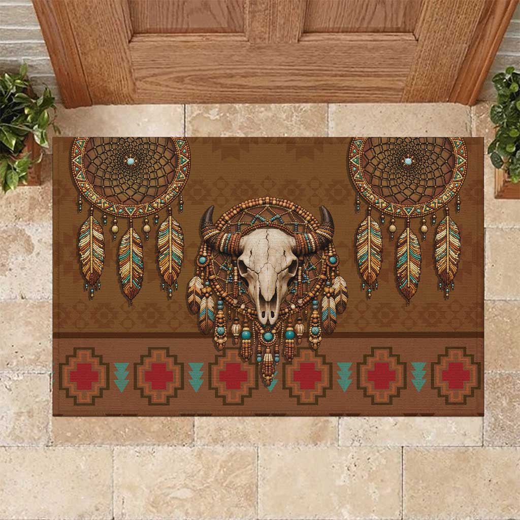 Bison Native American Rubber Doormat Tribal Feather Dreamcatcher Boho Style