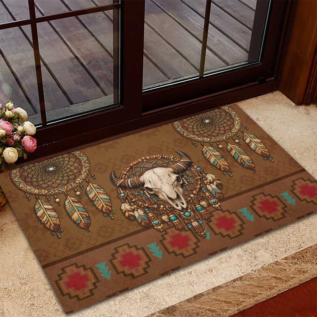 Bison Native American Rubber Doormat Tribal Feather Dreamcatcher Boho Style