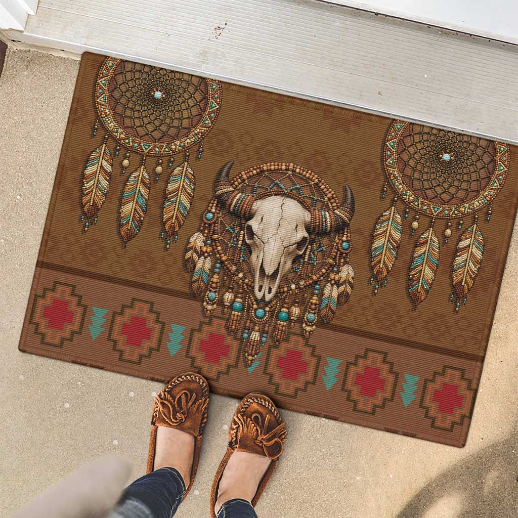 Bison Native American Rubber Doormat Tribal Feather Dreamcatcher Boho Style