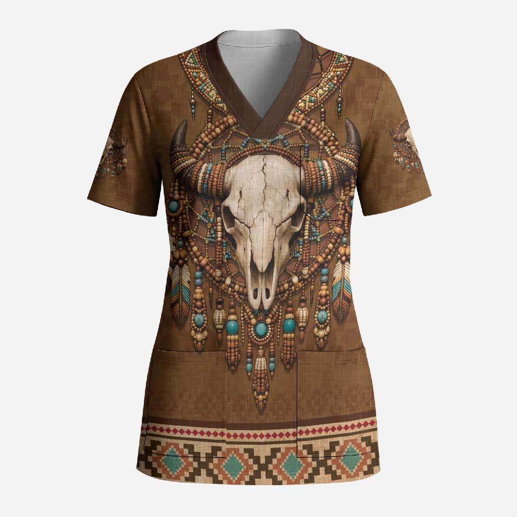 Bison Native American Scrub Top Tribal Feather Dreamcatcher Boho Style