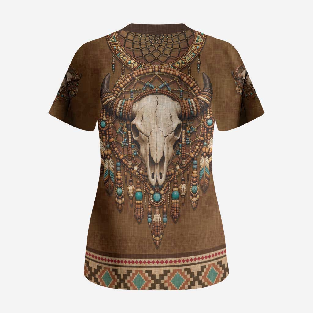 Bison Native American Scrub Top Tribal Feather Dreamcatcher Boho Style
