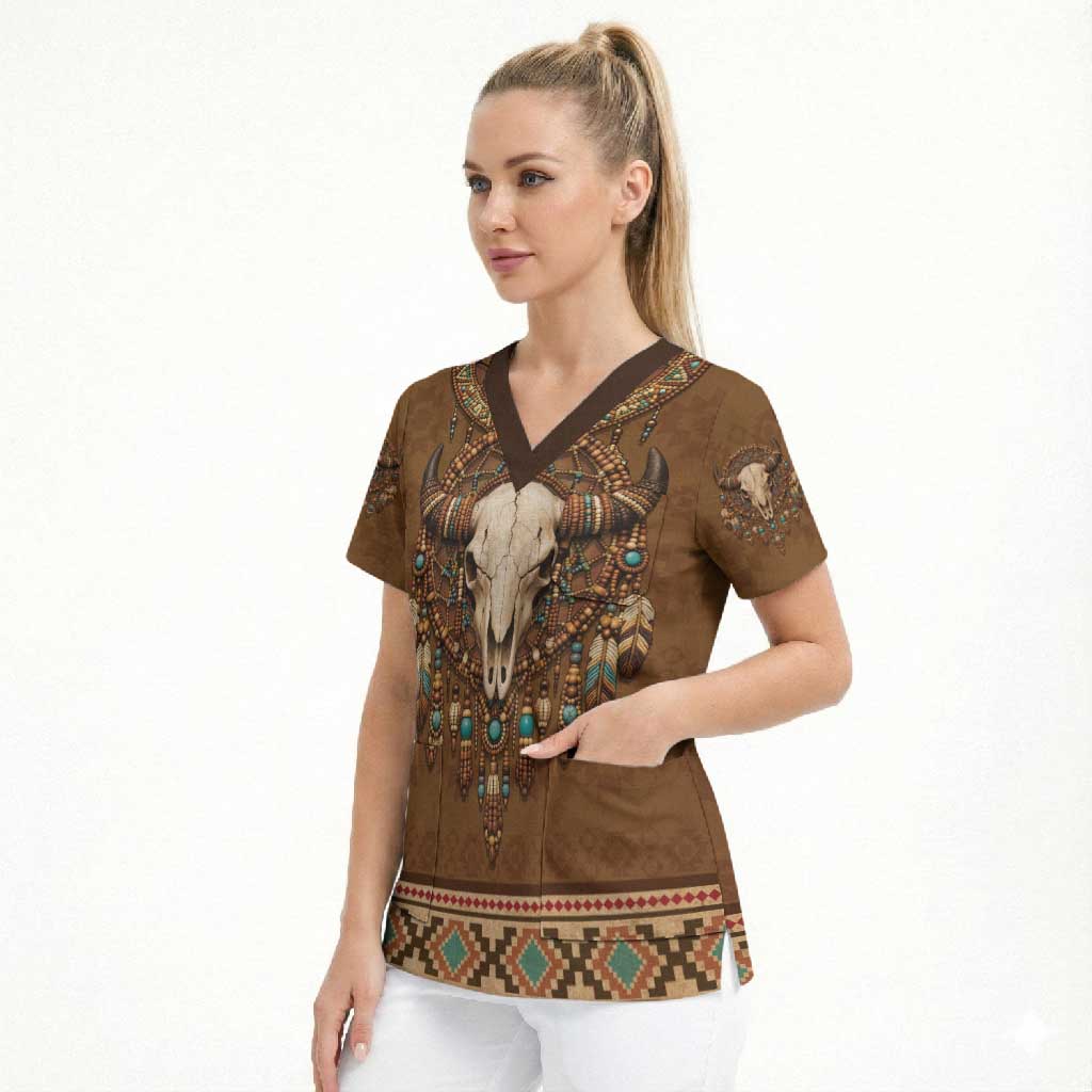 Bison Native American Scrub Top Tribal Feather Dreamcatcher Boho Style