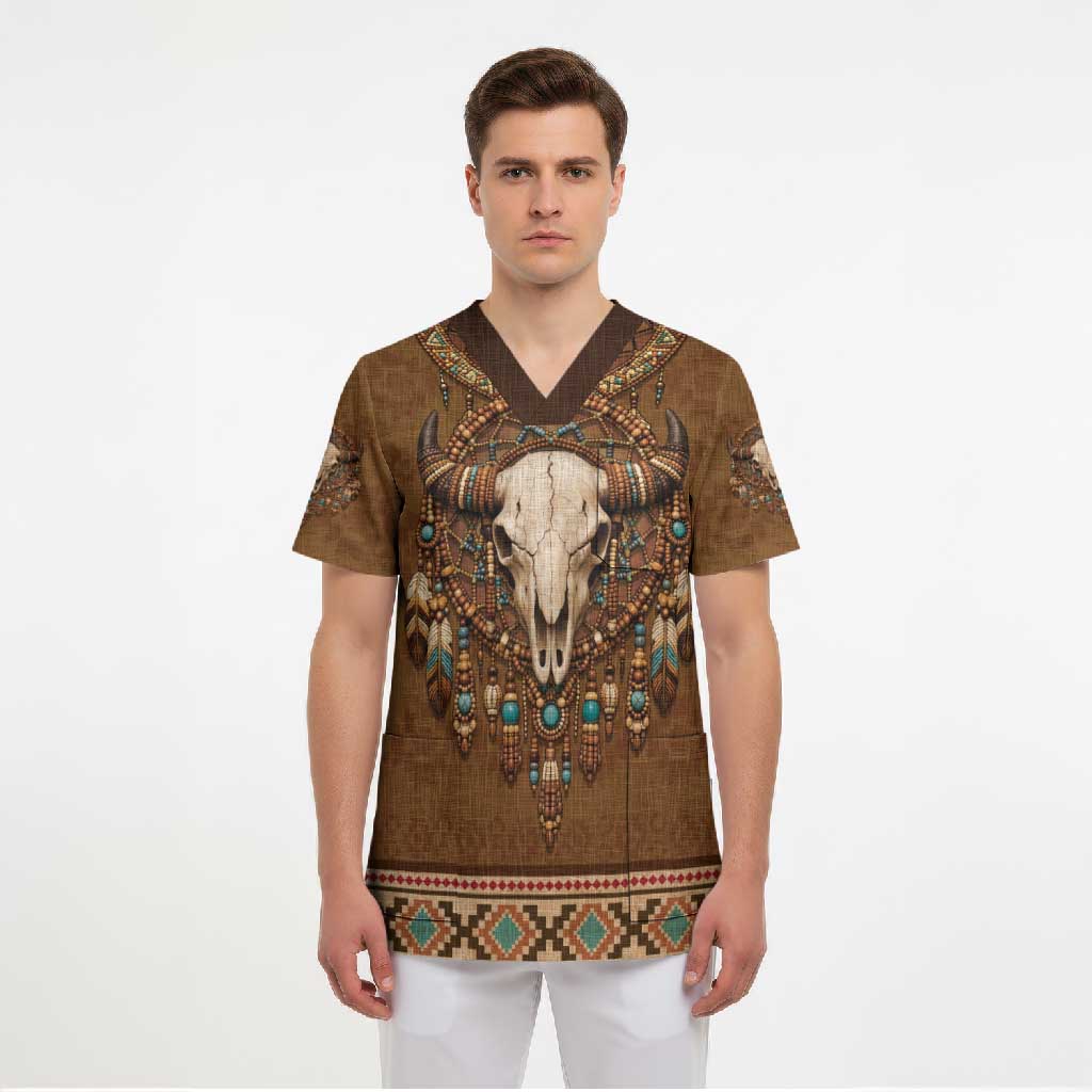 Bison Native American Scrub Top Tribal Feather Dreamcatcher Boho Style