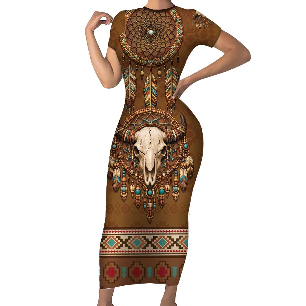 Bison Native American Short Sleeve Bodycon Dress Tribal Feather Dreamcatcher Boho Style
