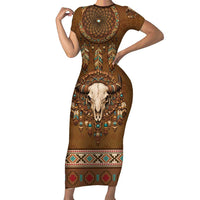 Bison Native American Short Sleeve Bodycon Dress Tribal Feather Dreamcatcher Boho Style