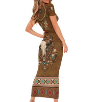 Bison Native American Short Sleeve Bodycon Dress Tribal Feather Dreamcatcher Boho Style