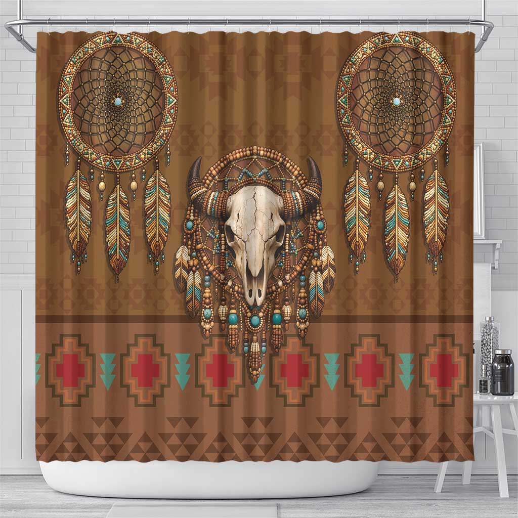 Bison Native American Shower Curtain Tribal Feather Dreamcatcher Boho Style