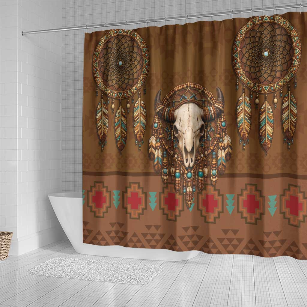 Bison Native American Shower Curtain Tribal Feather Dreamcatcher Boho Style