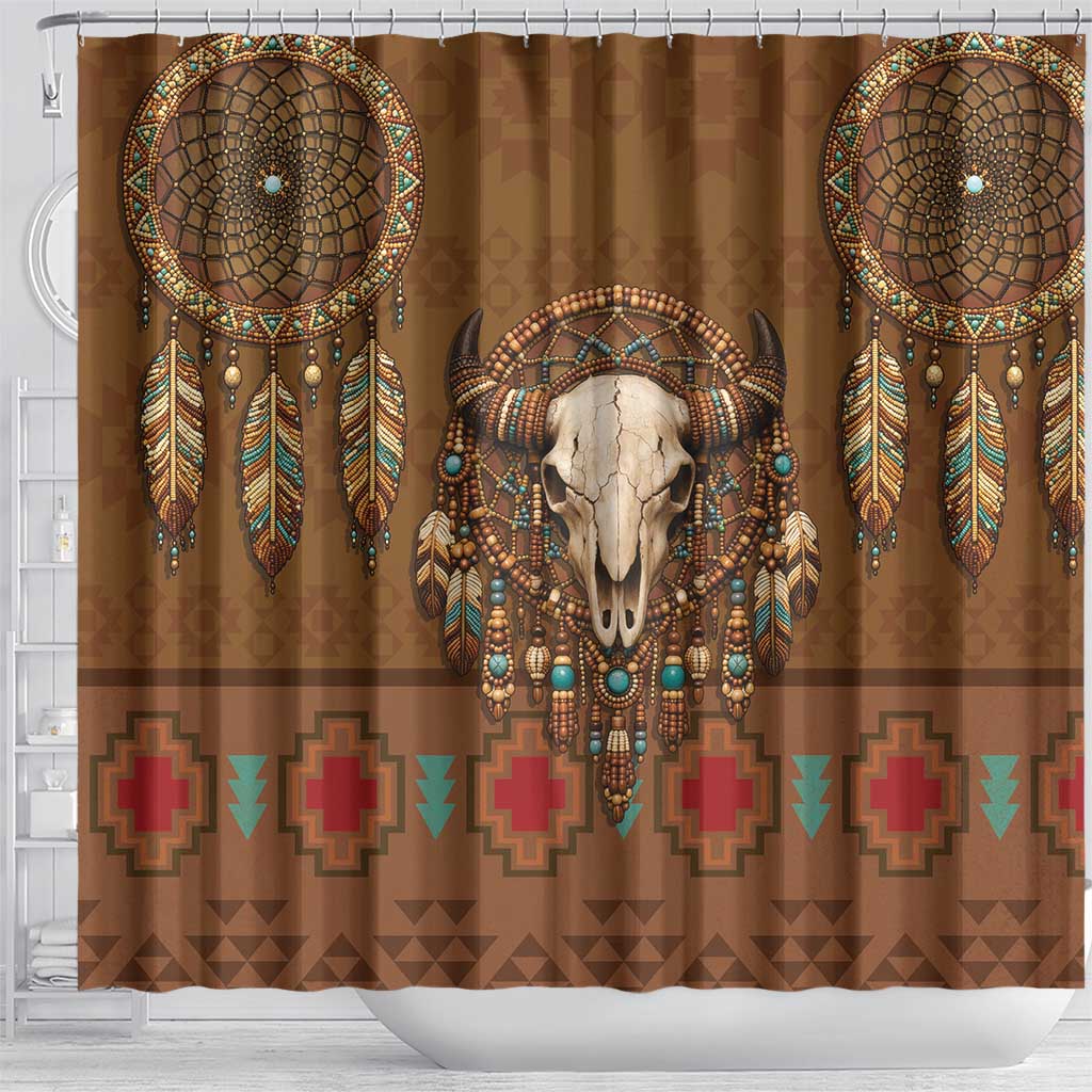 Bison Native American Shower Curtain Tribal Feather Dreamcatcher Boho Style
