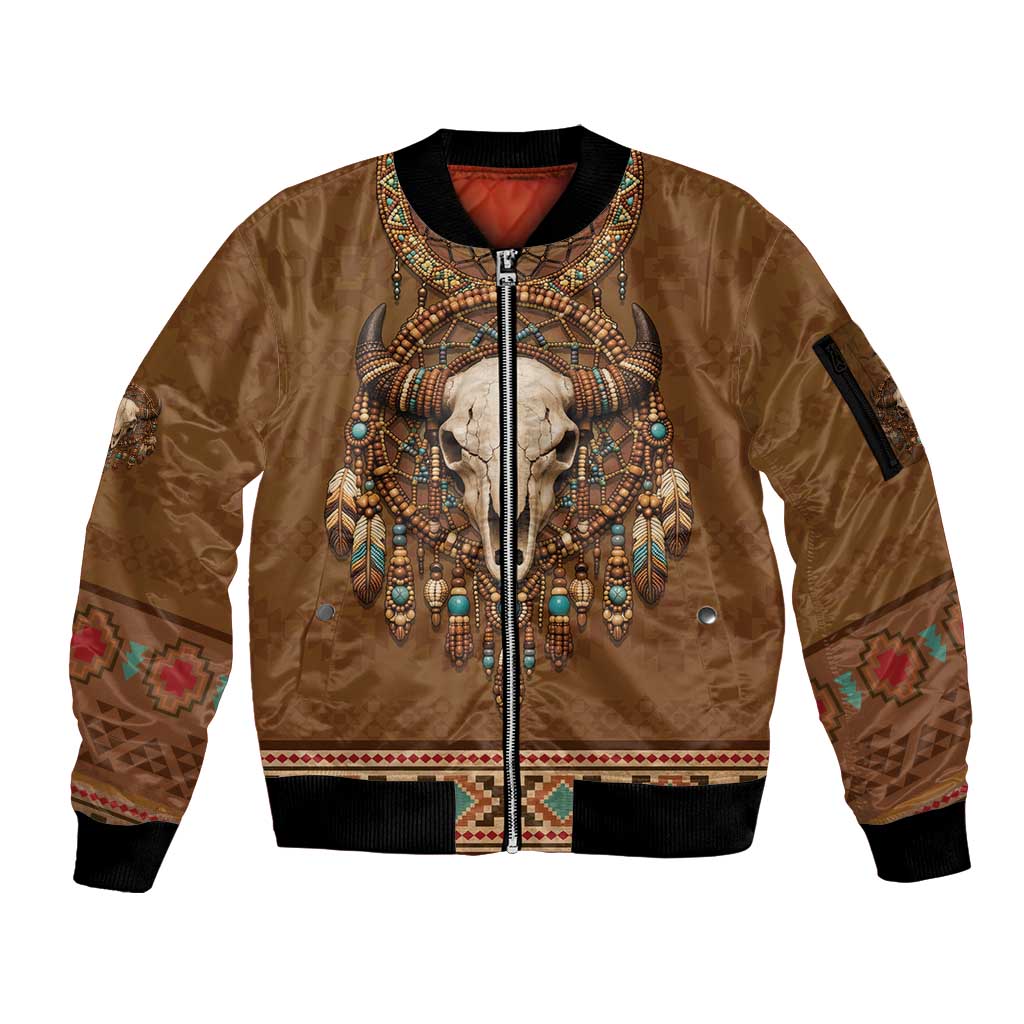 Bison Native American Sleeve Zip Bomber Jacket Tribal Feather Dreamcatcher Boho Style