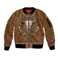 Bison Native American Sleeve Zip Bomber Jacket Tribal Feather Dreamcatcher Boho Style