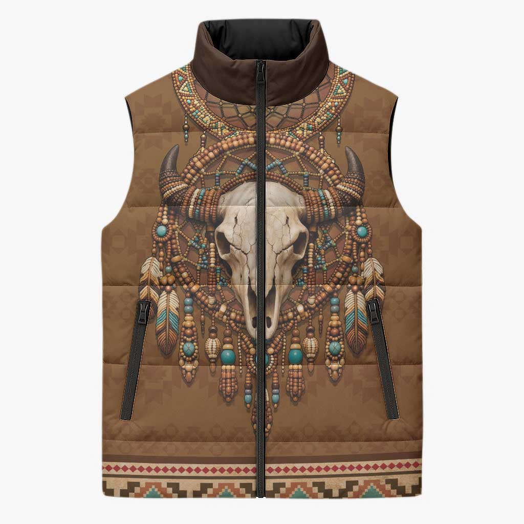 Bison Native American Sleeveless Puffer Jacket Tribal Feather Dreamcatcher Boho Style