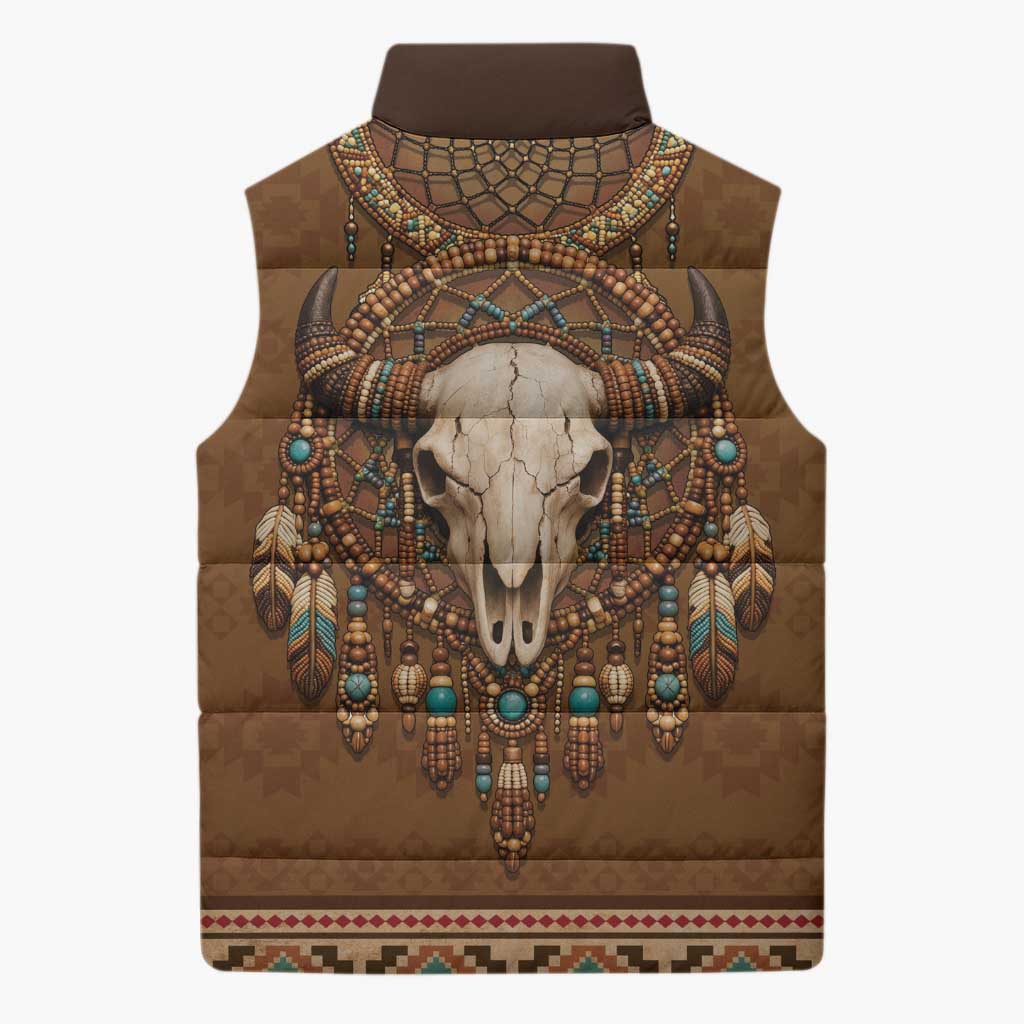 Bison Native American Sleeveless Puffer Jacket Tribal Feather Dreamcatcher Boho Style