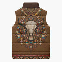 Bison Native American Sleeveless Puffer Jacket Tribal Feather Dreamcatcher Boho Style