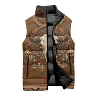 Bison Native American Sleeveless Puffer Jacket Tribal Feather Dreamcatcher Boho Style