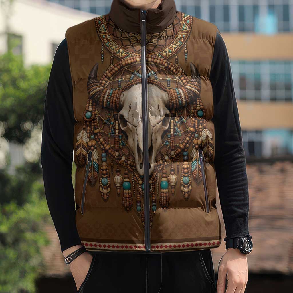 Bison Native American Sleeveless Puffer Jacket Tribal Feather Dreamcatcher Boho Style