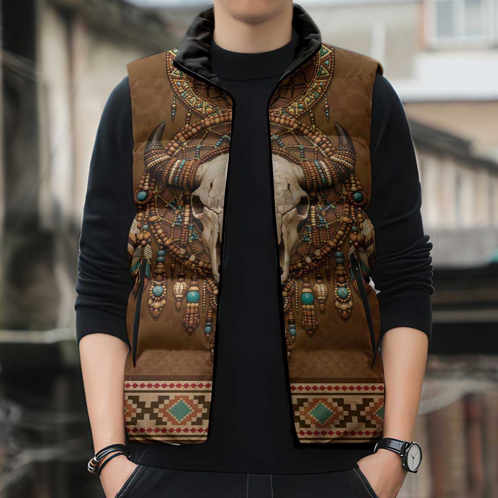 Bison Native American Sleeveless Puffer Jacket Tribal Feather Dreamcatcher Boho Style
