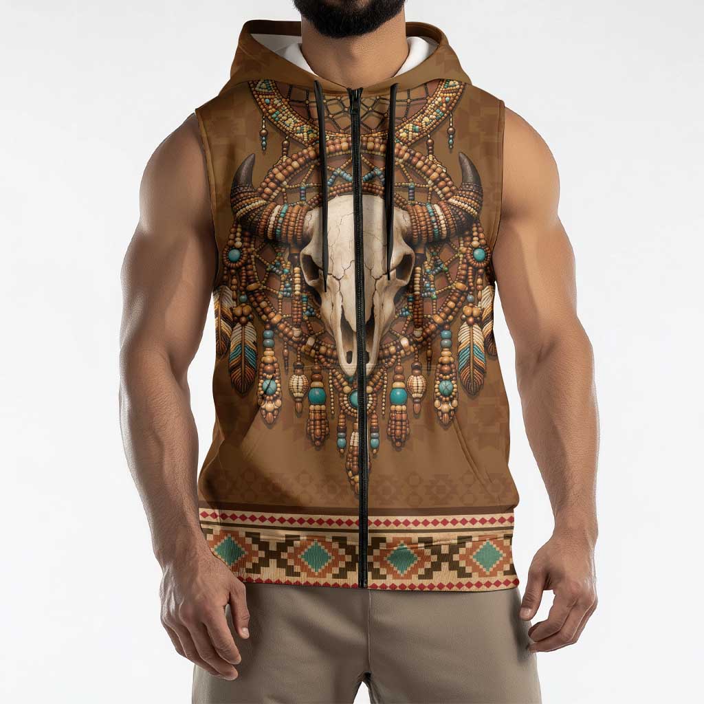 Bison Native American Sleeveless Zip Hoodie Tribal Feather Dreamcatcher Boho Style