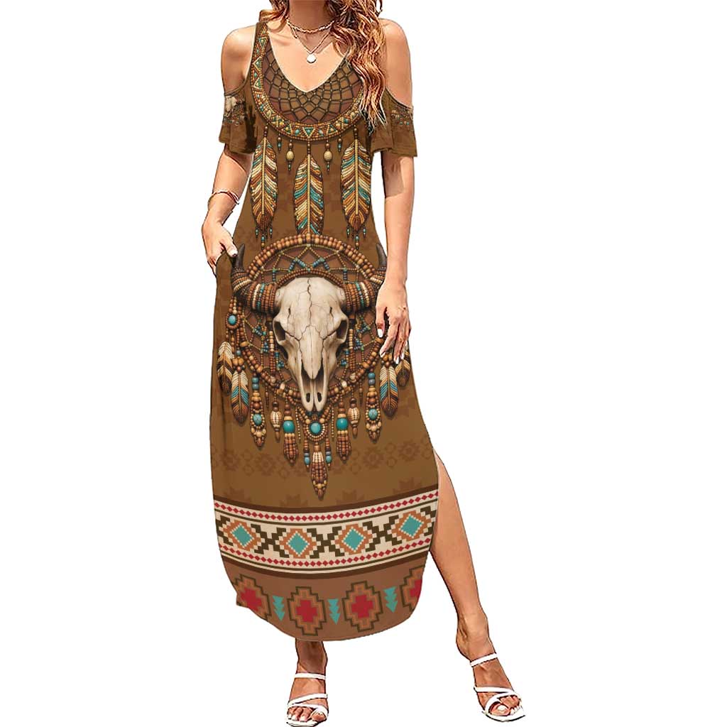 Bison Native American Summer Maxi Dress Tribal Feather Dreamcatcher Boho Style
