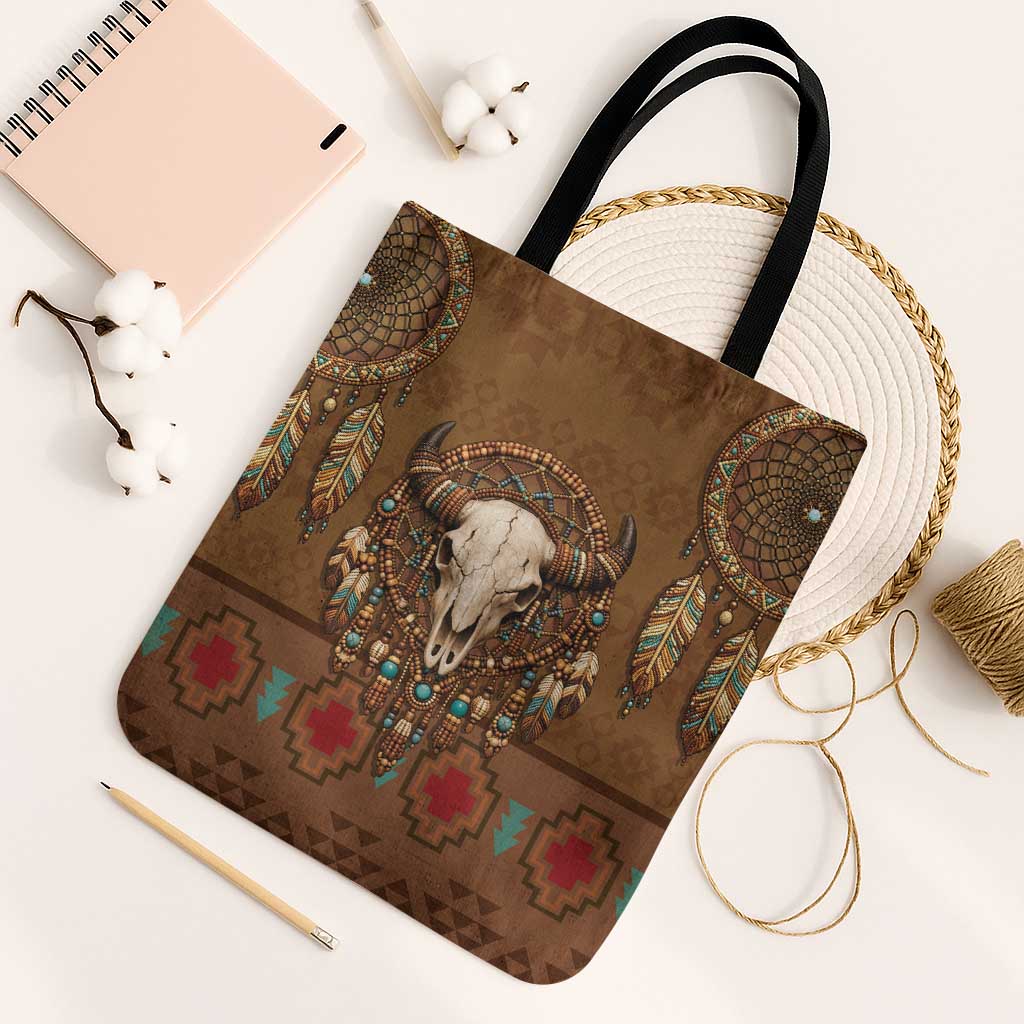 Bison Native American Tote Bag Tribal Feather Dreamcatcher Boho Style
